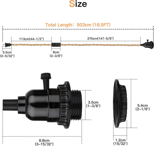 Zevnico 16.5FT E26 Pendant Light Kit, Hanging Lights with Plug in Cord & Switch, Hemp Rope Swag Socket Pendant Lamp