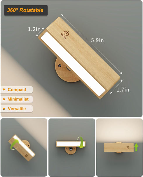 Bedroom,Dimmable DetarZinLED Wall Lights Battery Operated Wooden,Magnetic Wall Sconces Rechargeable,Adhesive Wall