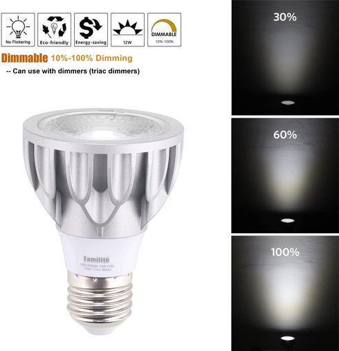 PAR20 LED Bulbs, 12W Dimmable Spot Light, 100W Halogen Equivalent, 36 Narrow Beam Angle, 6000K Cool White, E26 Medium Base for 4 Cans, Pack of 2 by Familite