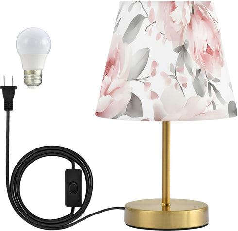 Dimmable ALAZA Table Lamp for Bedroom Nightstand Pink Peonies Rose Flower Bedside Lamp with USB Port Fabric Shade Desk