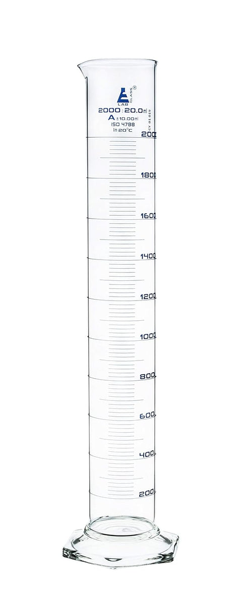 EISCO Graduated Cylinder, 2000ml, Class A Tolerance ±10.0ml, Hexagonal Base, Blue Graduations, Borosilicate Glass