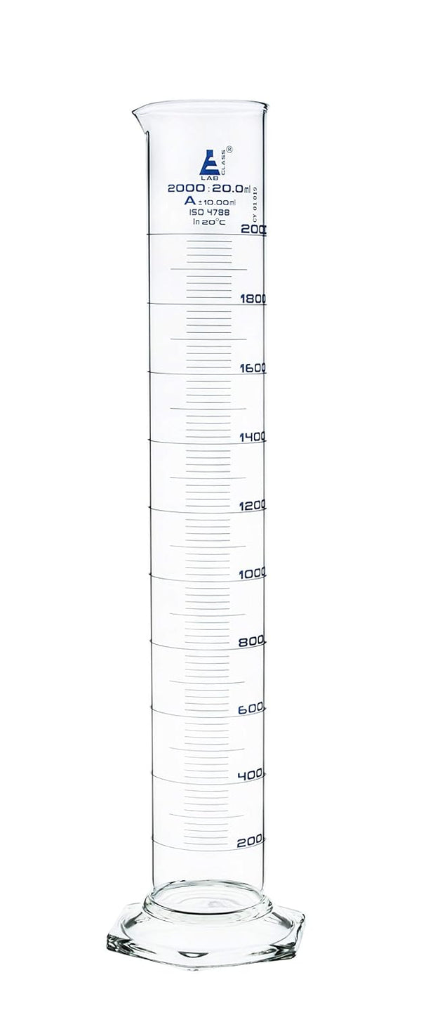EISCO Graduated Cylinder, 2000ml, Class A Tolerance ±10.0ml, Hexagonal Base, Blue Graduations, Borosilicate Glass