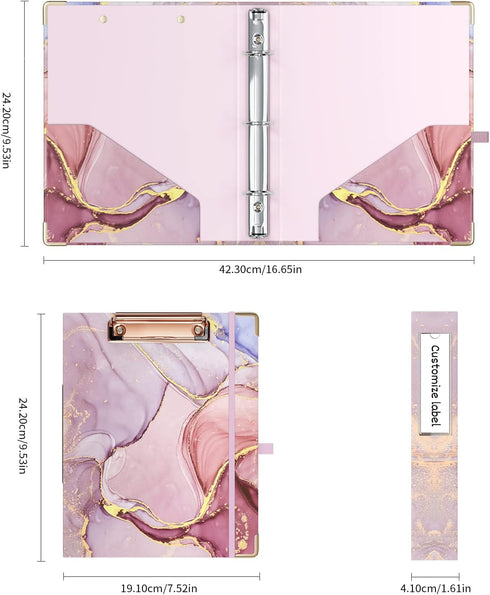 Ospelelf Mini 3 Ring Binder 1 Inch, Cute Pink Marble Binder for 5.5" x 8.5" with 5 Tab Dividers, File Labels