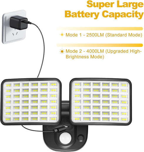 YTKIH 2500LM 4000LM(High 1-3 Rechargeable Battery Operated Motion Sensor Outdoor Lights with & Brightness), Battery