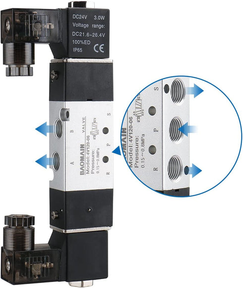 Baomain Pneumatic Solenoid Air Valve 4V120-06 DC 24V 5 Way 2 Position PT 1/8" Internally Piloted Acting Type Double Electrical Control