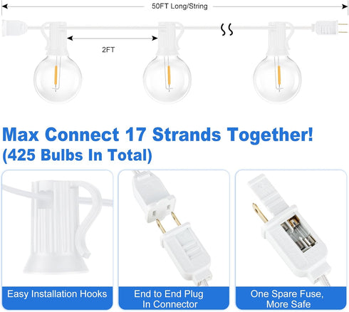 G40 50FT Dimmable 25+2 Bulbs Commercial Bosceos Outdoor LED Globe String Lights Shatterproof Waterproof Patio Lights