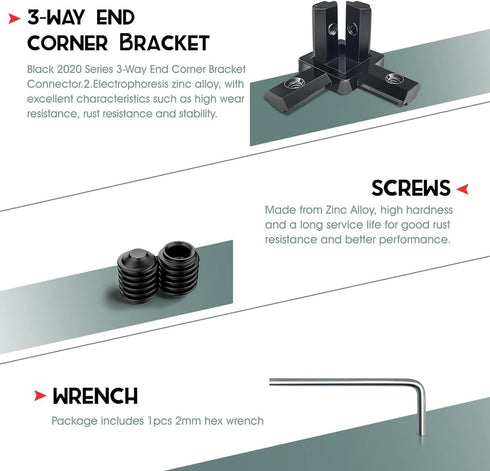 12Pcs Black 2020 Series 3-Way End Corner Bracket Connector with Screws + 1pcs Wrench for Slot 6mm 20S Aluminum Rail Accessories (12)