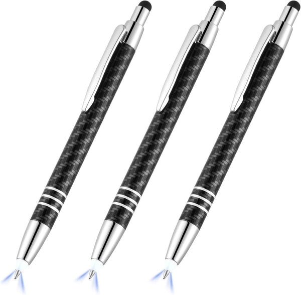 Glovion 3-in-1 Lighted Tip Pen with Stylus - LED Penlight Ballpoint Pen for Writing in the Dark, Pack of 3, White Light