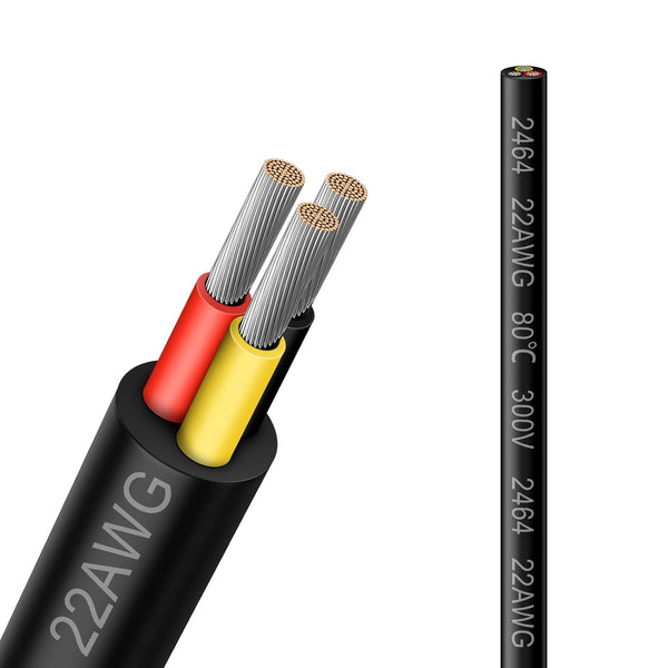 50FT 22AWG 22 Gauge 3 Conductor Electrical Wire, Black PVC Stranded Tinned Copper 3 Wire Cable, 22/3 Cord