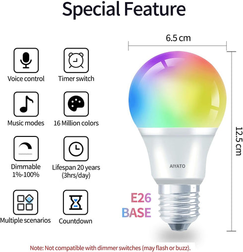 Bulbs 16 Bulb Bulbs 2 Pack Smart Light Work with Apple HomeKit, Million DIY Colours GRBCW WiFi LED Light Multicolor