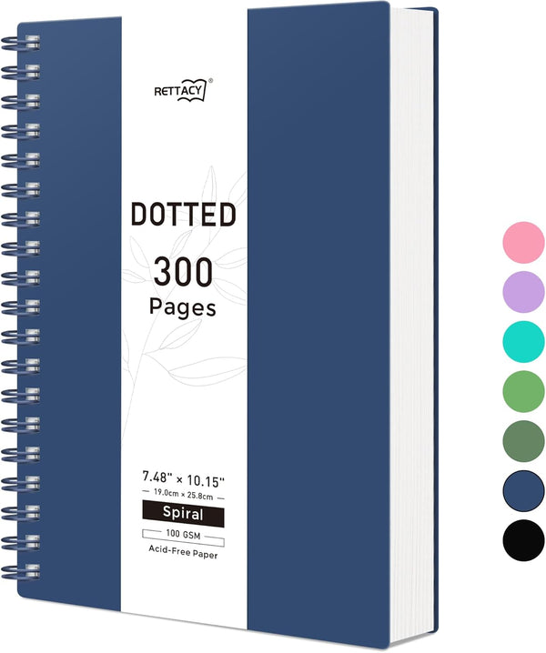 RETTACY Bullet Dotted Journal, B5 Dotted Grid Spiral Notebook, 300 Pages, 100 GSM Premium Acid-Free Paper, Bullet