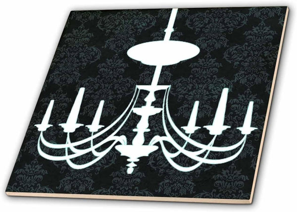 3dRose White Chandelier Against A Black Damask Background 8 Inch Ceramic Tile