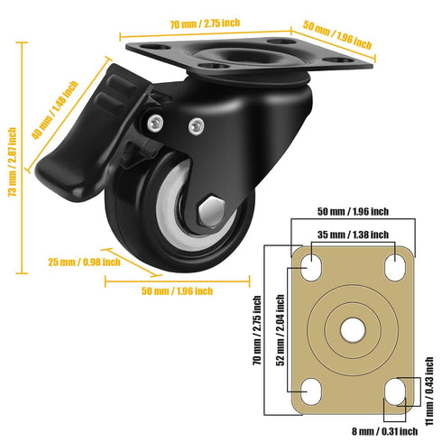 2" Caster Wheels, Set of 4 Heavy Duty Silent Locking Casters with Polyurethane (PU) Wheels, Swivel Plate for Cart,