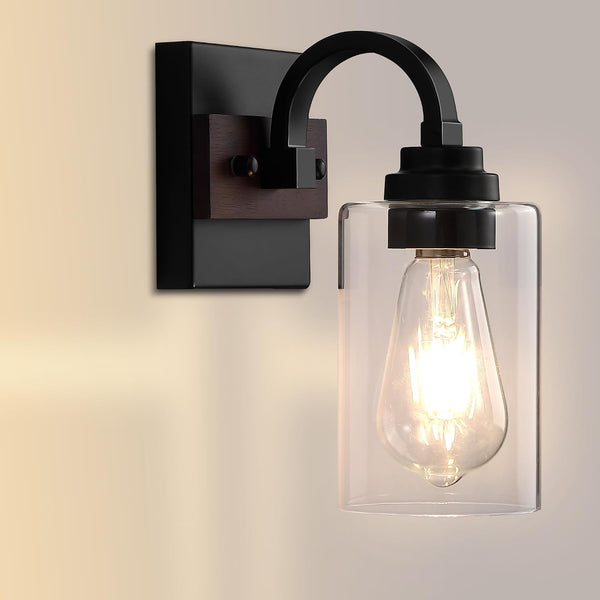 Mecgirn 1-Light Black Wall Sconces, Farmhouse Vanity Light Fixtures for Bathroom, Wood