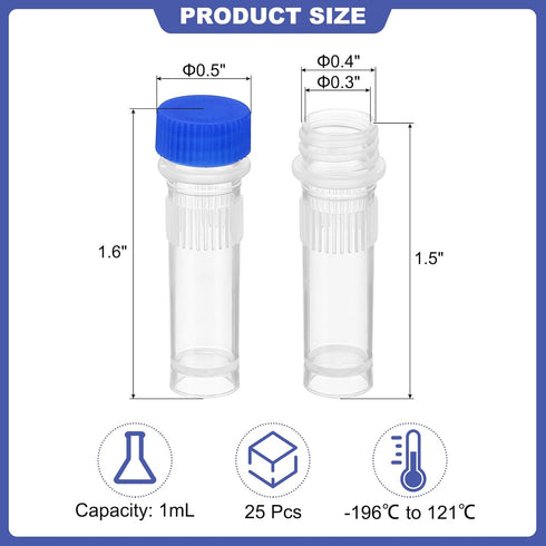 PATIKIL 1ml Plastic Cryogenic, 25Pcs Self Standing Cryogenic Vial Screw Top Frozen Test Tube for Lab Laboratory Science, Blue Cap