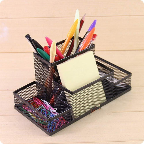 Pen Holder Metal Wire Mesh Pencil Container, 4 Divided Compartments, Home Office Supplies Desktop Accessory Organizer