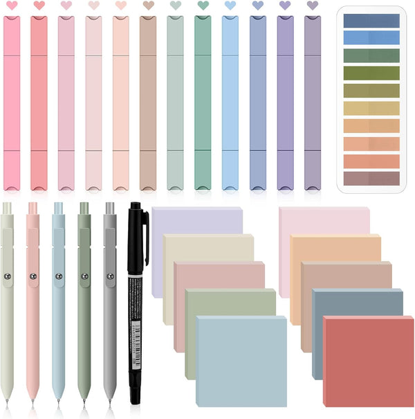 Jutom 38 Pcs Aesthetic Book Annotation Kit, Highlighters, Gel Pens, Sticky Notes, Retro Color