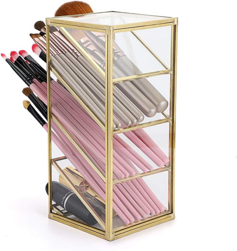 Hipiwe (4 Vintage Gold Metal Desk Organizer - Glass Make up Brushes lipstick Holder Dresser Organizer Pen Pencil