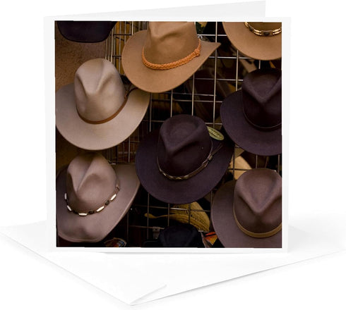 New Mexico, Santa Fe, Plaza, Cowboy Hats on Display - Greeting Card,