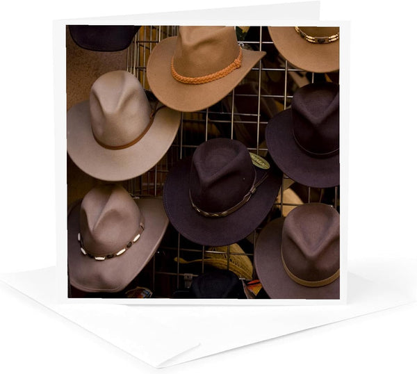 New Mexico, Santa Fe, Plaza, Cowboy Hats on Display - Greeting Card,