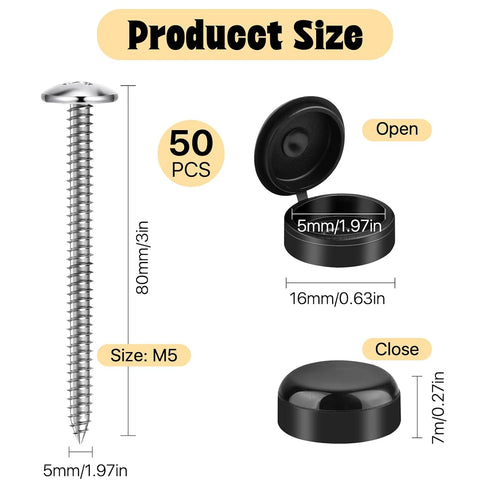 Worldity 50 Set 3 Inch M5 Shutter Screws with Caps, Pan Head Shutter Fasteners, Stainless Steel Shutters for Windows