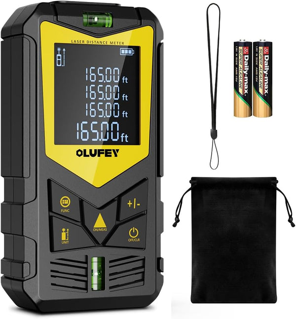 OLUFEY Laser Measure, 165ft Laser Distance Meter with Black LCD Display, 2 Bubble Levels, Pythagorean Mode