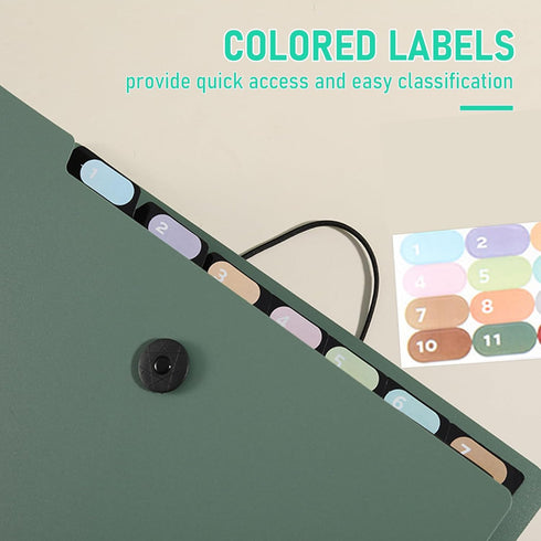 Marte Vanci Expanding File Folder, 13 Pockets Accordion Folder, A4 Letter Size with Elastic Cord Closure and 12 Labels
