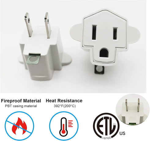 3 Prong to 2 Prong Adapter,YOELVN 3-2 Prong Grounding Outlet Converter, Portable Fireproof 200? Resistant Wall Outlet Plug Adapter,Three Prong Adapter Plug for Household,2 Pack,Ivory White
