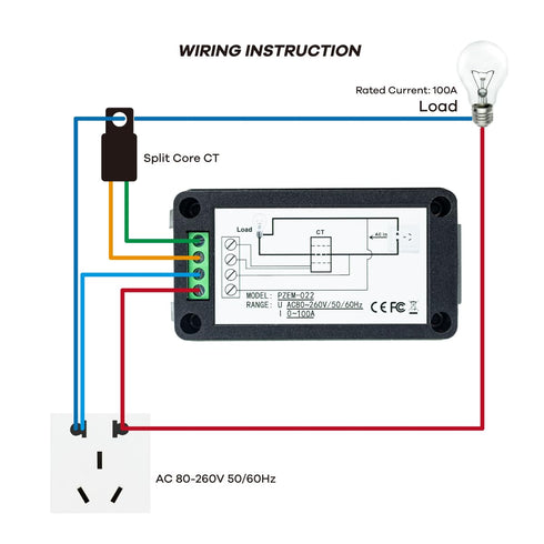 AC 80-260V 100A LCD Digital Display Multi-Function Power Monitor, Ammeter Voltmeter with Split Core Transformer