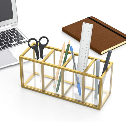 NIUBEE Acrylic Pen Holder, 4 Compartments, Gold Copper Border Pencil Organizer Cup for Desk Accessory Storage