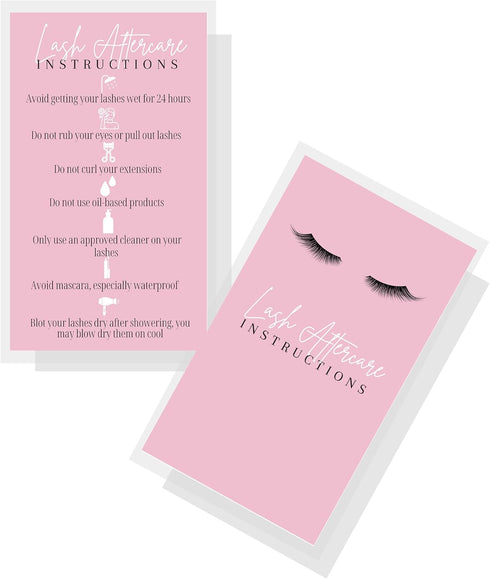 Lash Extension Aftercare Instructions Cards, 50 Pack, 2x3.5" Business Card Size, Pink Card Design