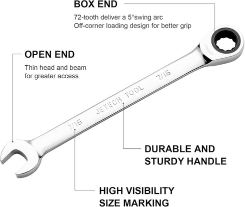 Jetech Ratcheting Combination Wrench, Industrial Grade Gear Spanner with 12-Point Design, 72-Tooth Ratchet, Made with Forged and Heat-Treated Cr-V Steel in Chrome Plating, SAE (Single SAE 7/16") by Jetech