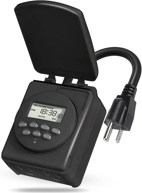 BN-LINK 7 Day Heavy Duty Digital Outdoor Timer, Dual Outlet, Weatherproof, Accurate for Lamps, Ponds, Christmas Lights