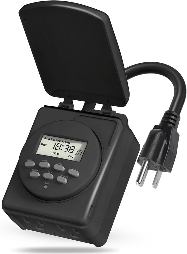BN-LINK 7 Day Heavy Duty Digital Outdoor Timer, Dual Outlet, Weatherproof, Accurate for Lamps, Ponds, Christmas Lights