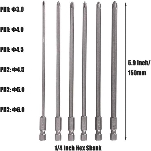 Yakamoz 6Pcs 1/4 Hex Shank Magnetic Cross Phillips Screw Head Screwdriver Bits Set, 5.9-Inch Length