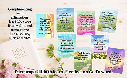 52 Christian Biblical Affirmation Cards for Kids, Affirmations with Bible Verse on Back, Scripture Memory Cards, Bible