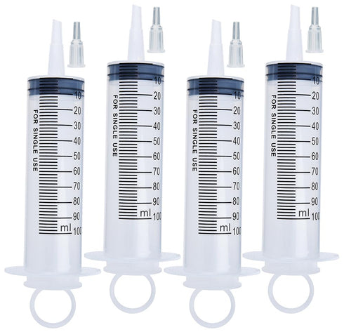 4 Pack 100ml Large Plastic Syringes for Scientific Labs, Nutrient Measuring and Watering