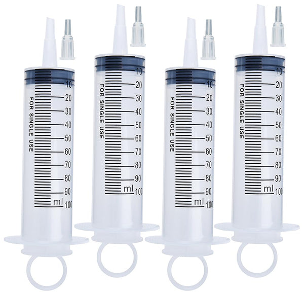 4 Pack 100ml Large Plastic Syringes for Scientific Labs, Nutrient Measuring and Watering