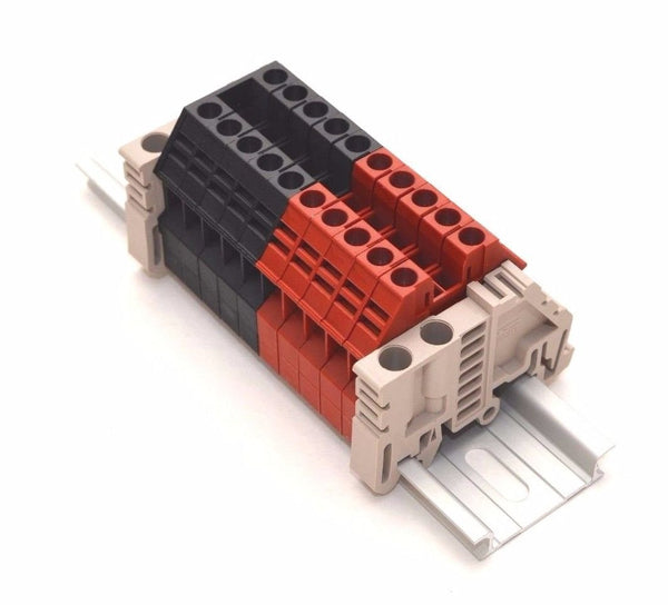Dinkle Assembly DK4N Red/Black 10 Gang DIN Rail Terminal Blocks - 10-22 AWG, 30 Amp, 600 Volt