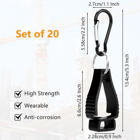 20 PCS Glove Clips for Work, Black Glove Holder Clips, Work Safety Clip for Construction Guard Labor, Glove Grabber Glove Keeper Belt Glasses Helmets Hanger Clamp Catcher