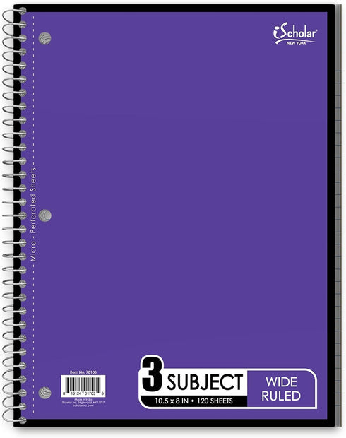 iScholar 3-Subject Wirebound Notebook, 120 Sheets, Wide Ruled, 10.5 x 8-Inches, Cover Color May Vary