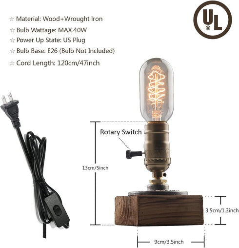 E26 Bulb) OuXean Vintage Table Lamp, Industrial Nightlight Steampunk Desk Lamp with Antique Lamp Holder for Bedroom