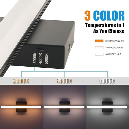 16in 3 3000K/ 4000K/ 5000K LED Bathroom Vanity Light Color Temperature Over Mirror Lighting Fixture Modern Indoor Black