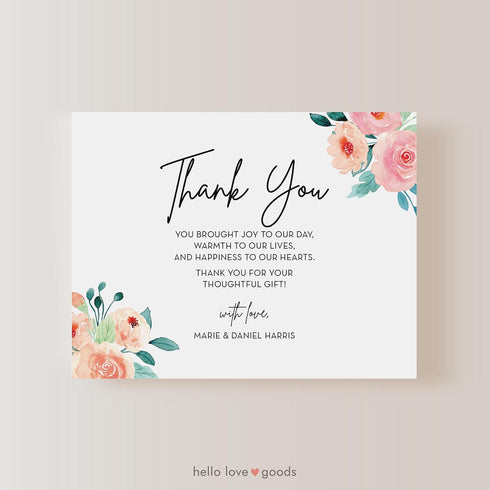 5.5x4.25 Personalized Wedding Thank You Cards with Message, Modern Flat Thank You Note Cards with Peach and Pink Floral