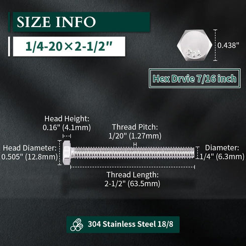 1/4-20 x 2-1/2" Hex Head Bolts Screws, 304 Stainless Steel, Fully Threaded, 8 PCS