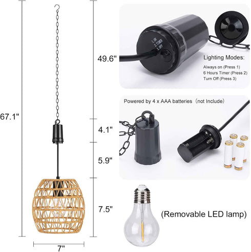 6 Bulb,Seagrass Larekook Hours Timer Battery Operated Pendant Light with Warm White Woven Large Outdoor Hanging Rattan