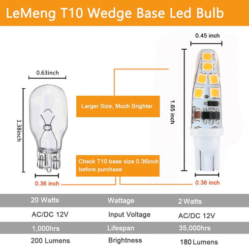 15watt T10 Wedge Base Led Light Bulb 2W 180lm,3000K Warm White,ac/dc12V for Outdoor Landscape RV Camper Marine Boat Dome Lighting-10 Pack by LEMENG