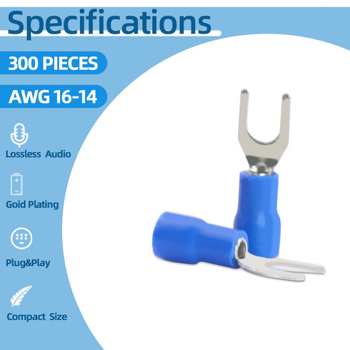 V TELESKY 300Pcs Blue U-Type Fork Terminals, 16-14 Gauge Insulated Electrical Crimp Terminal for Wiring