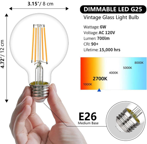 G25 LED Edison Vanity Globe Light Bulbs, LED Filament Light Bulb, 6W Equivalent to 60W, G80 Dimmable 700LM E26 Medium Base, Bathroom Vanity Mirror Light Pack of 6 (Clear 2700K). by LiEiDi