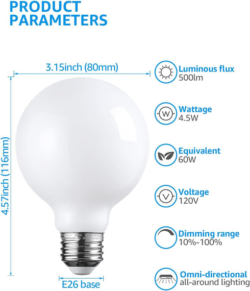 G25 Bulbs Dimmable, Bulb Bulb, 4.5W(60W 500lm, E26 4000K Pack 6 TORCHSTAR Globe Light LED Round Frosted Vanity Light